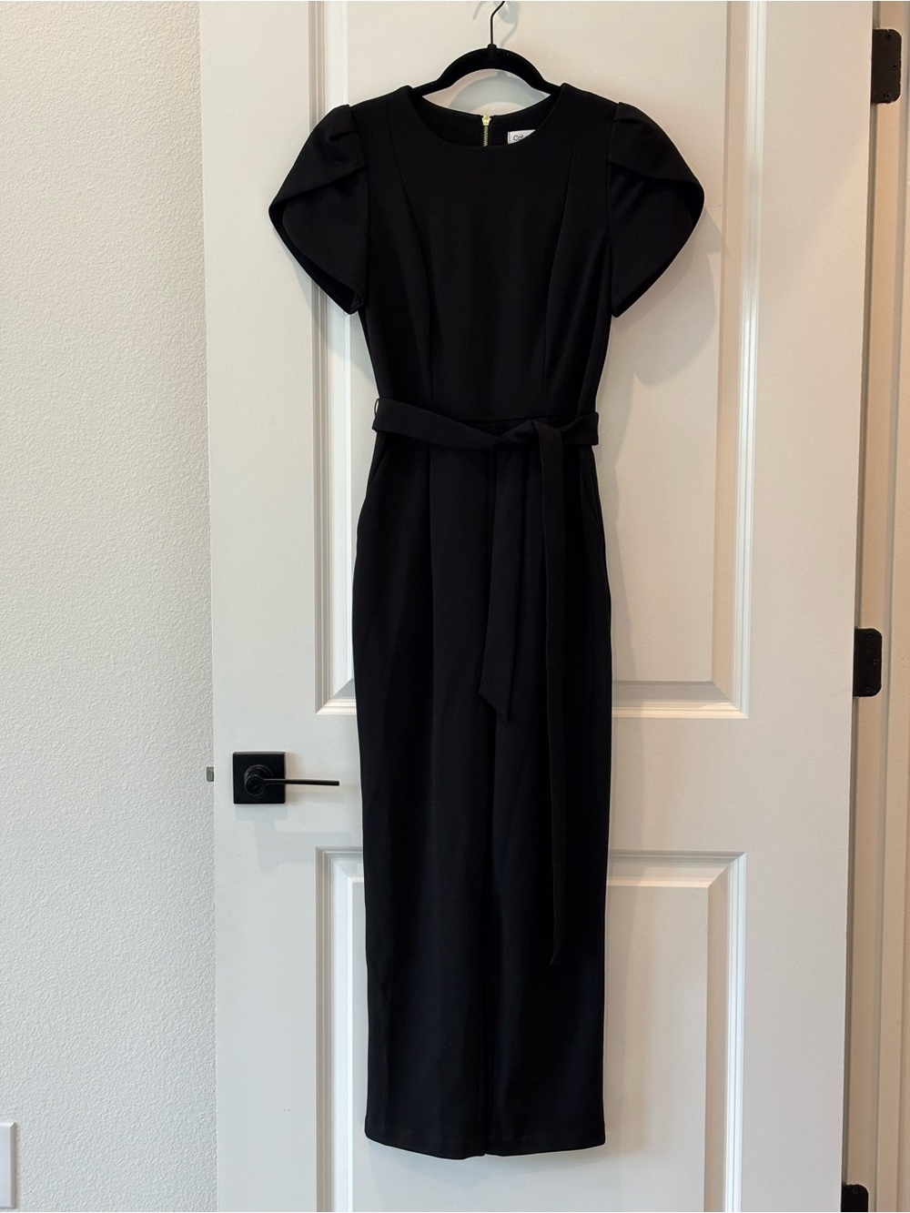 Calvin Klein Black Short Tulip Sleeve Jumpsuit / Pantsuit with Waist Tie